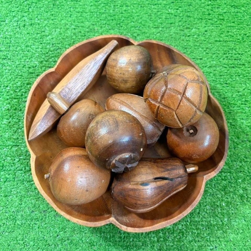 Vintage Wooden Centerpiece Fruit Bowl 10 Carved Fruit MCM 70s Decor